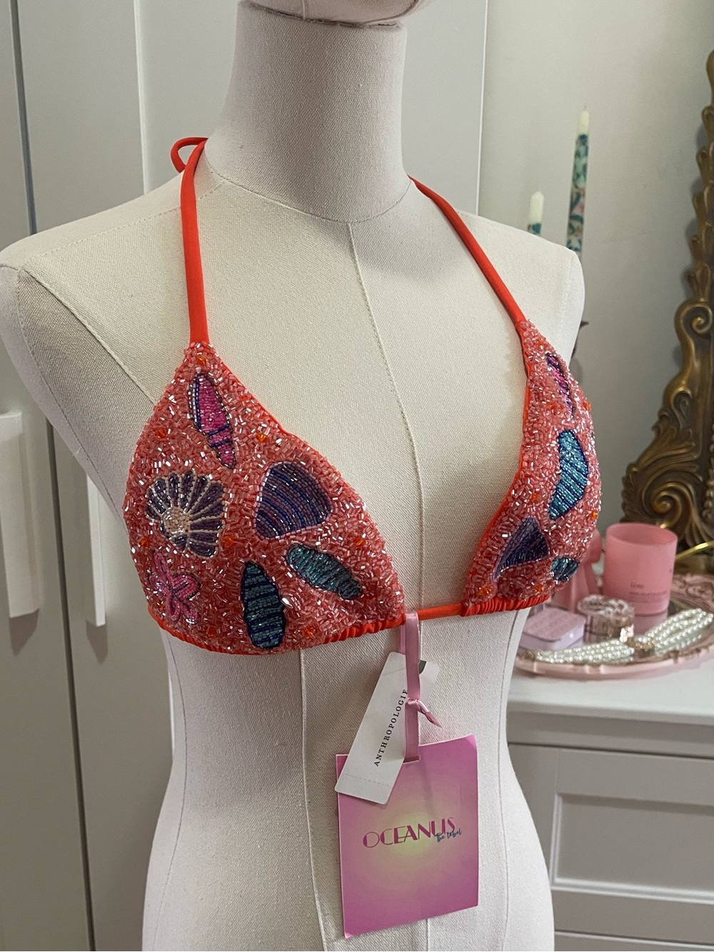 NWT Oceanus Hand Beaded Bikini Top, size XS